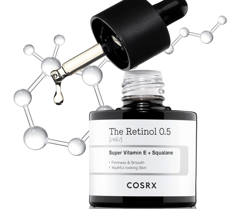 COSRX The Retinol 0.5 Oil with Super Vitamin E and Squalane for firming and smooth anti-aging skincare.