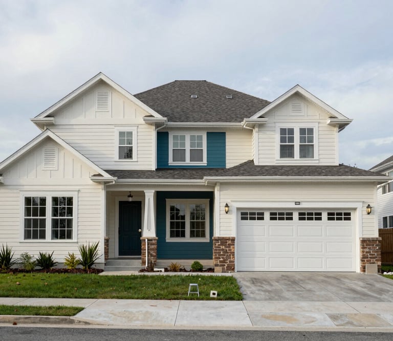 Clean architectural photography of a well-maintained North American residential property. The shot is wide-angle, showing the front facade and a neat driveway under a soft, overcast sky. The house colors are off-white and deep teal.