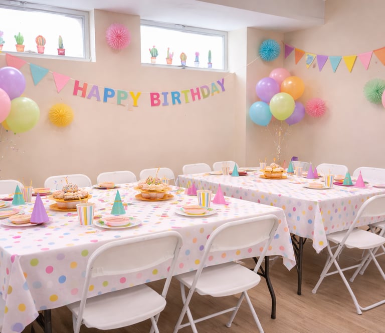 Indoor birthday party room with pastel balloons, bunting banner, and polka dot table settings.
