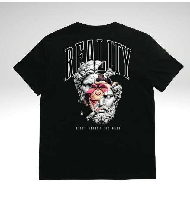 Black t-shirt featuring a greek statue graphic with a monkey face and 'Reality' text streetwear design.