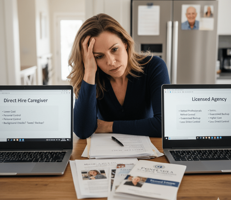Stressed woman comparing direct hire caregivers vs licensed agencies on laptops for senior home care.