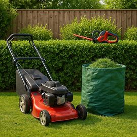 Ein Rasenmäher und eine Heckenschere in einem Garten der Gepflegt wird.