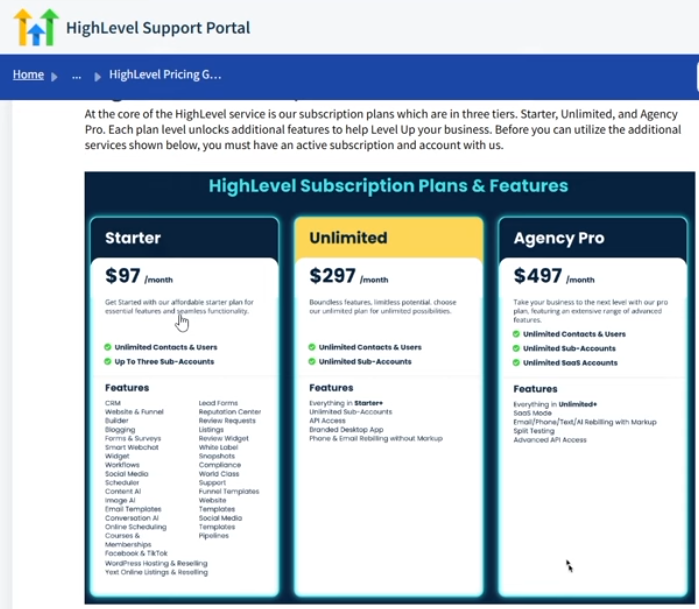 a website page with a list of high - level subscribed pricing