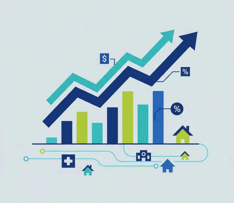 Financial charts and graphs showing upward trends in home healthcare market growth and patient vol