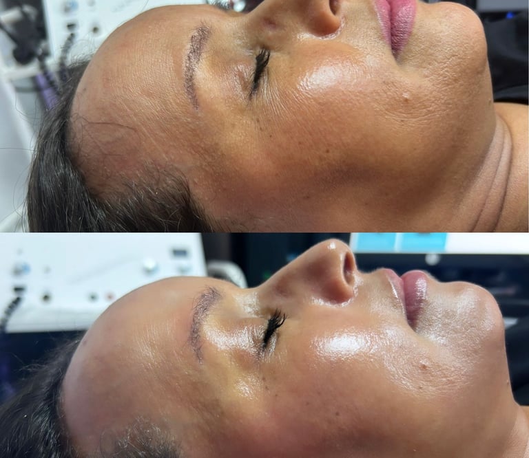 Comparaison avant et après en gros plan de la peau d’un client, montrant une amélioration visible de