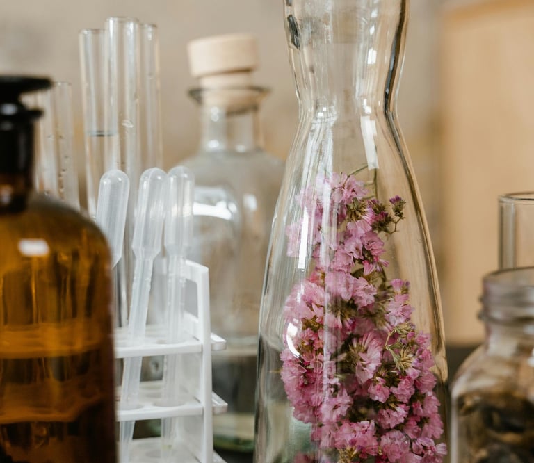 Pink dried flowers in a glass laboratory flask next to apothecary bottles and test tubes.