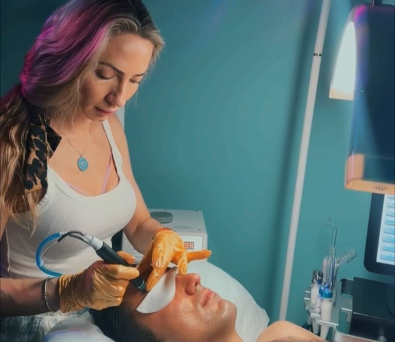 licensed esthetician performing Hydro facial in a beauty salon on a man client