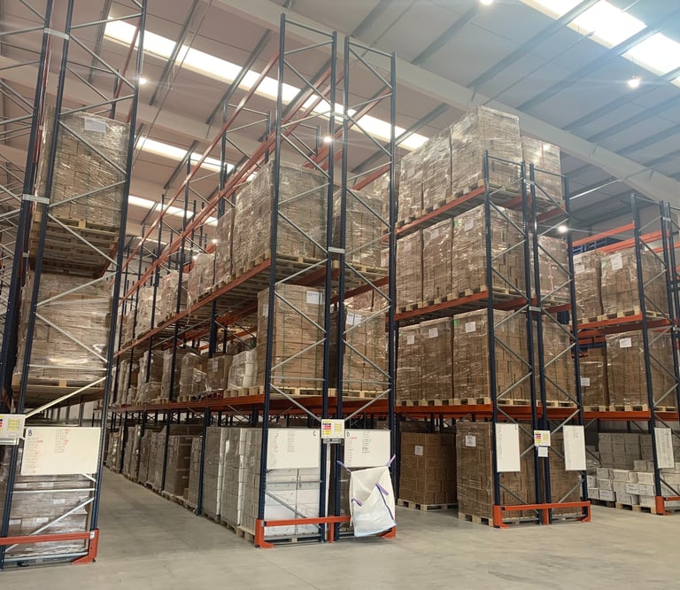 tall pallet racking in narrow aisle configuration with rack end protectors  