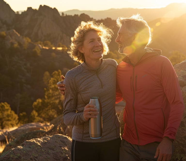middle age couple enjoying the outdoors together with renewed energy on hormone replacement therapy
