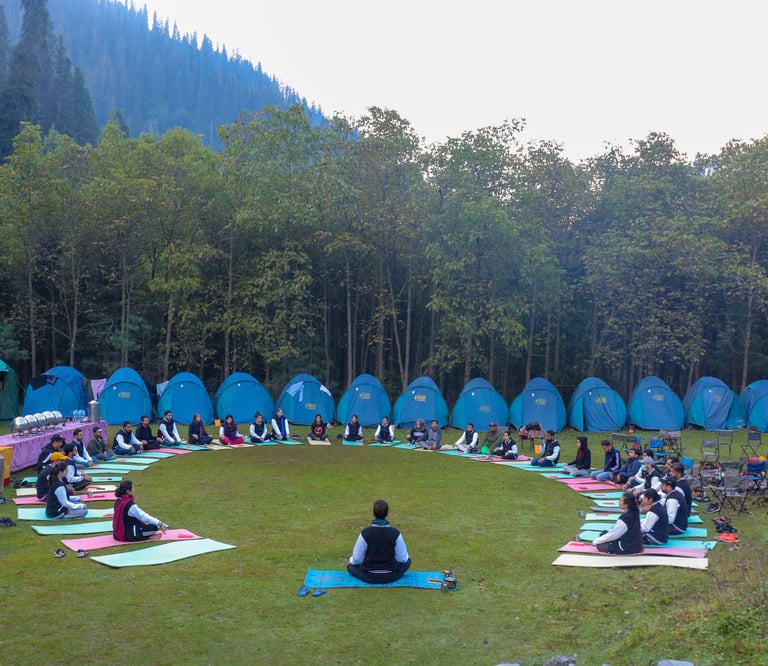 yoga session in progress at a corporate retreat in Sharan Forest