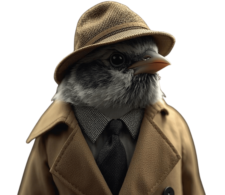 A realistic image of a sparrow, wearing a detective uniform, representing seo website audits