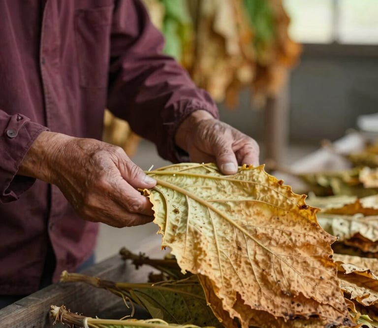 A close-up of a farmer inspecting cured golden-brown tobacco leaves inside a traditional curing barn, soft natural light, shallow depth of field, high-contrast.
