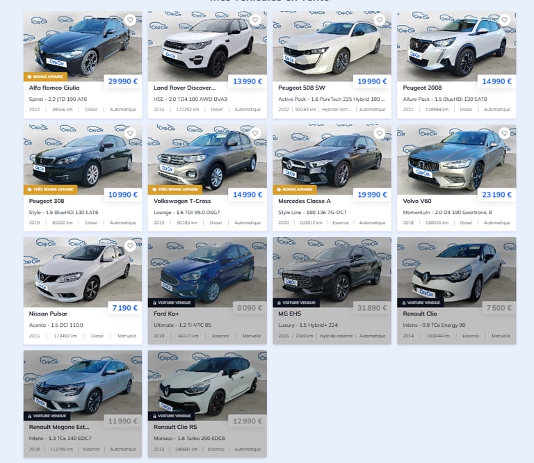 Catalogue de voitures d’occasion avec photos, prix, modèles et labels comme Très bonne affaire