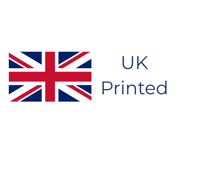 United Kingdom flag icon next to the text UK Printed for local printing services.