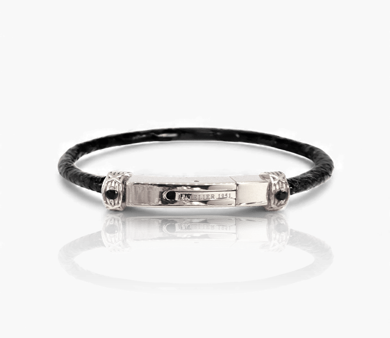 Elegant black leather cord bracelet for men featuring a polished silver bar clasp.
