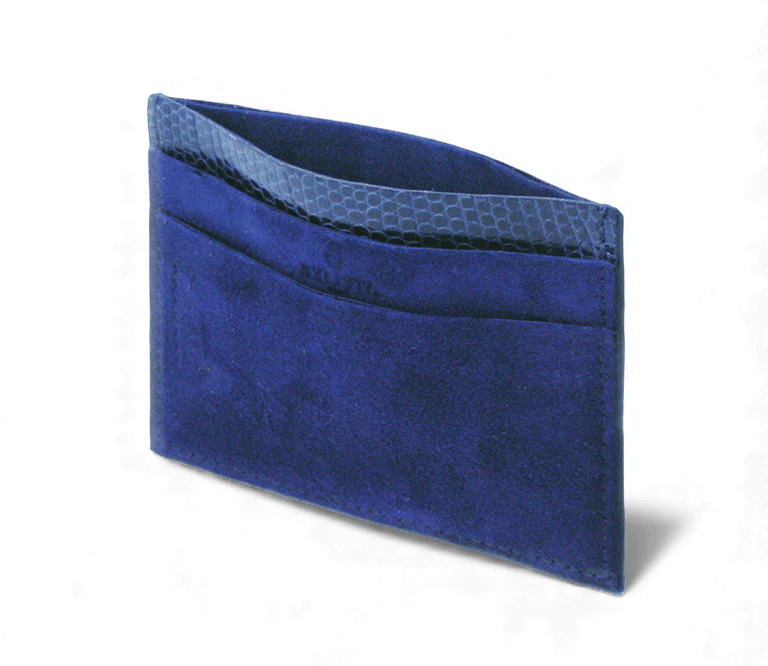 Luxury royal blue suede card holder with textured trim and multiple card slots.