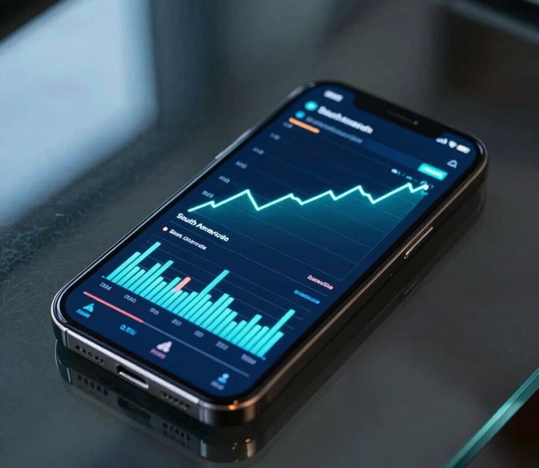 A close-up, high-angle shot of a sleek smartphone on a dark glass table in a modern office in São Paulo. The screen shows vibrant, upward-trending analytics charts with neon cyan highlights. The lighting is moody with soft blue reflections on the table surface, embodying a professional South American business atmosphere.