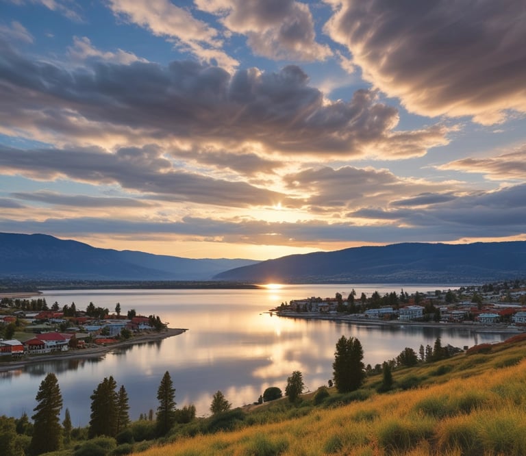 Golden sunset in Kelowna over a calm okanagan lake valley with lakeside houses and rolling hills.