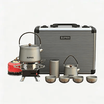 RuiPros luxury titanium outdoor camping collection including ultralight kettles, tea cups, and a por