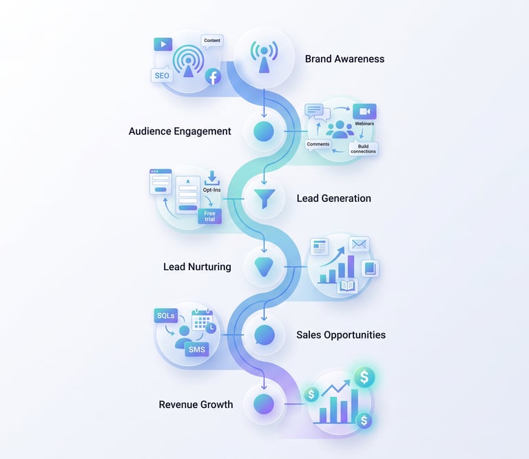 Demand generation funnel infographic showing the buyer journey - brand awareness to revenue growth.