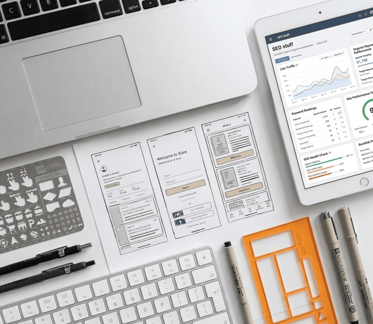 Mobile app wireframes and SEO dashboard displayed on a desk with a laptop, tablet, and design tools.