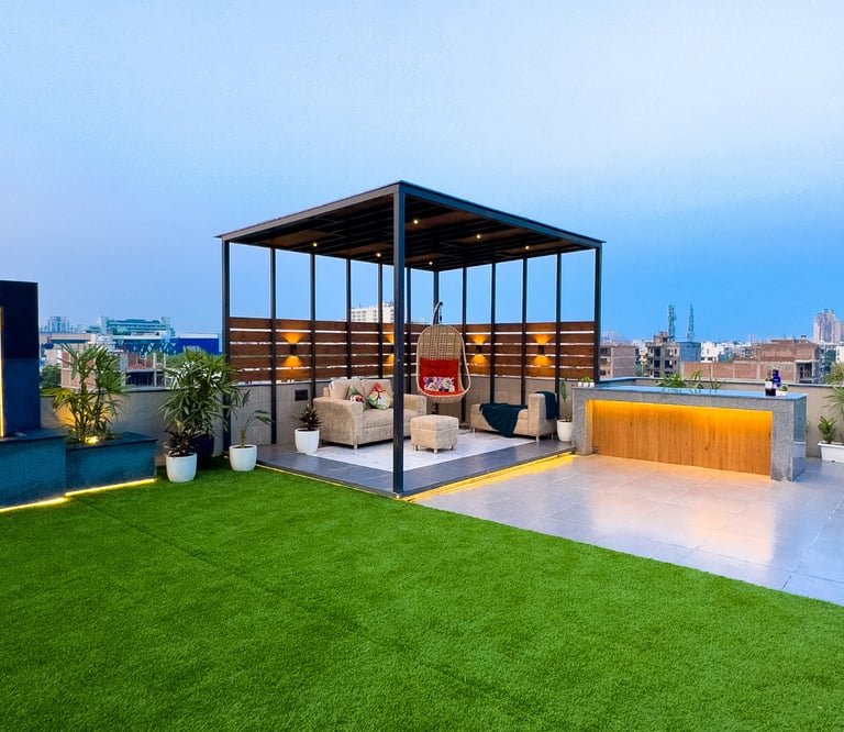 Contemporary terrace garden setup with wooden deck flooring