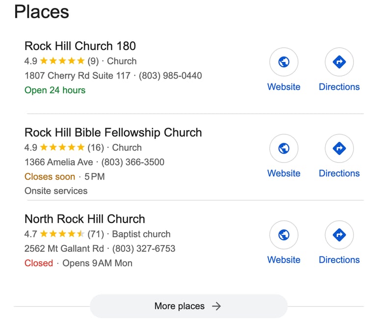 phone screen showing local 3 pack of churches