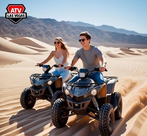 a man and woman riding on four wheelers in the desert