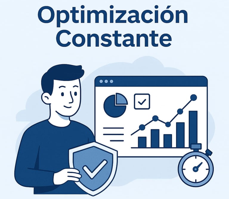 Hombre sonriente sosteniendo un escudo con una marca de verificación, junto a un navegador web que muestra gráficos de optimi