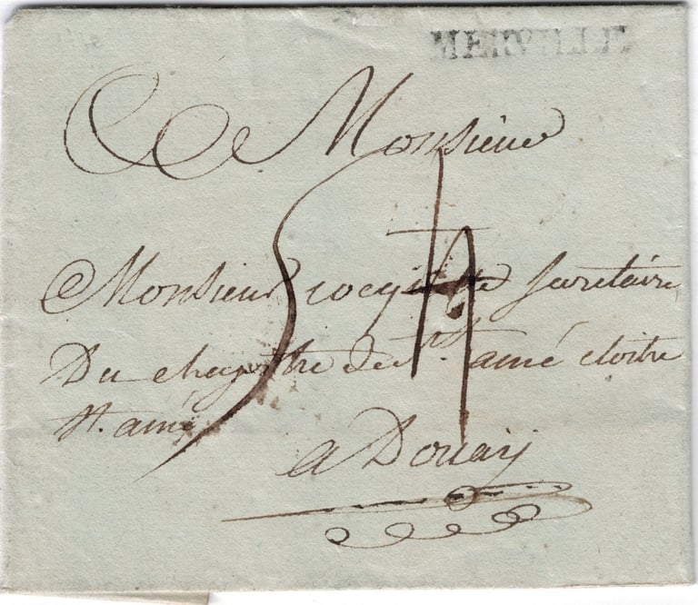 1770, lettre de MERVILLE pour DOUAI taxée à 4 puis 5 patars.