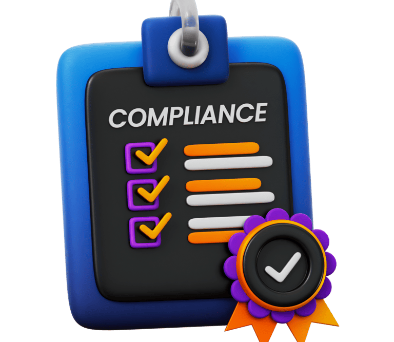 Badge with the word compliance and a checklist of completed items, with conformity and transparency