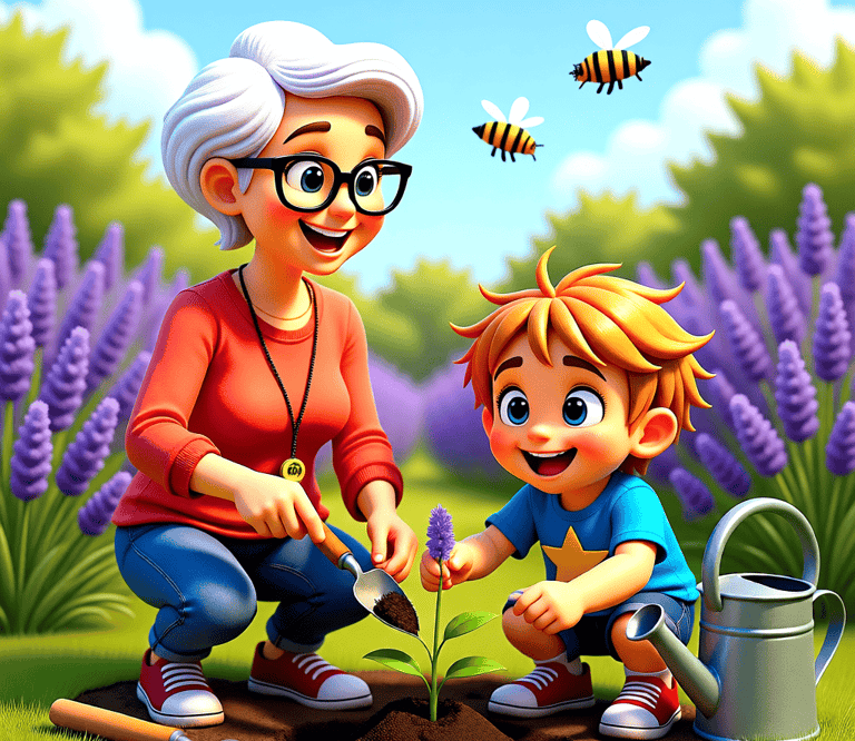 Alvey and Nanny planting flowers