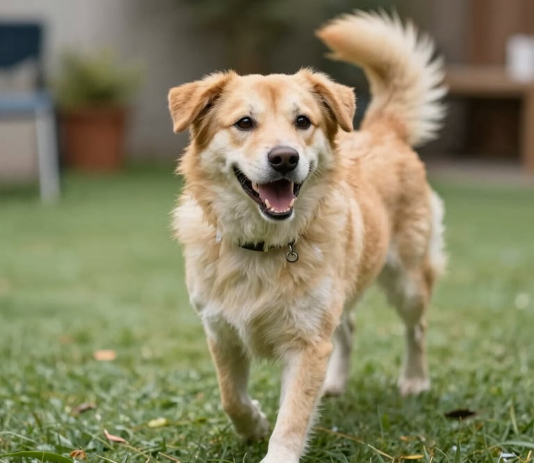 Perro feliz jugando en el jardín de nuestra guardería de mascotas en Ciudad de México.