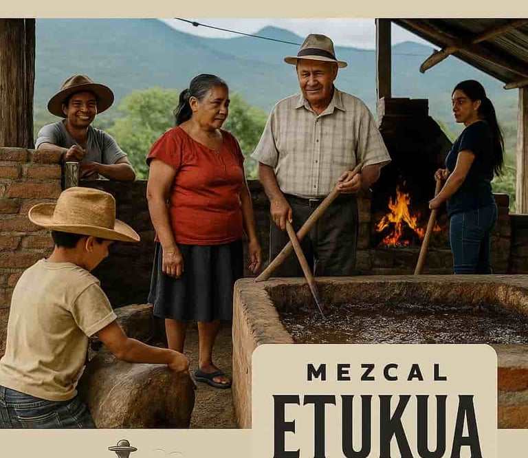 Familia mezcalera trabajando juntos en palenque tradicional