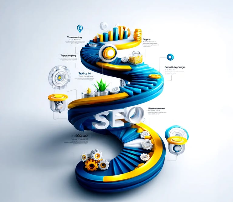Diagrama visual en 3D que representa un proceso de SEO en espiral ascendente, con elementos como "Mini Entrevista", "Rondas",