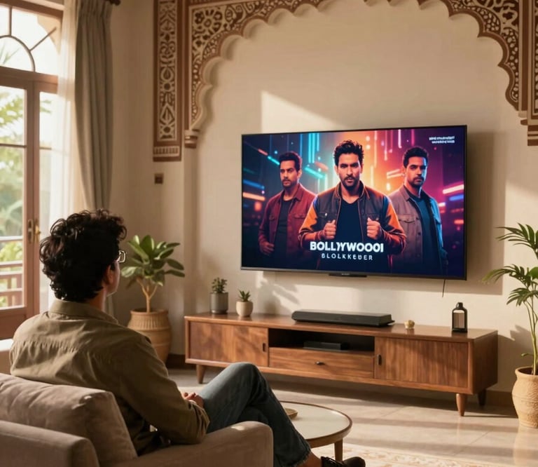 A person sitting comfortably in a stylish living room with Global / Indian-influenced architecture, watching a Bollywood blockbuster on a wall-mounted smart TV, warm sunlight filtering through large windows.