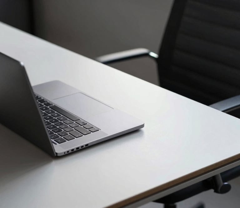A minimalist workspace featuring a laptop on a light grey desk. A dark charcoal chair is partially visible. The scene is organized and professional, reflecting clear business operations and workflows.