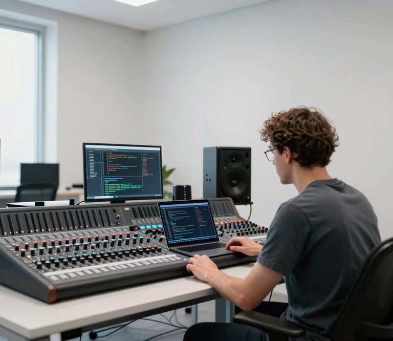 A wide shot of a bright, minimalist Scandinavian office with clean lines. A musician is looking over a large music studio mixing board while a laptop displays technical networking code. The atmosphere is professional yet welcoming, featuring cool grey and Nordic grey blue accents.