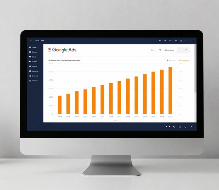 Straight-on studio shot of a modern desktop monitor displaying real-time Google Ads analytics charts with clean navy and orange bars on a stark white desk.