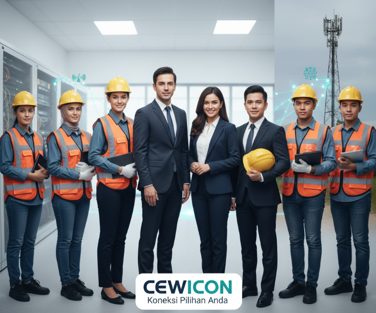 Teknisi CEWICON sedang memasang jaringan internet fiber optik untuk pelanggan rumah dan bisnis