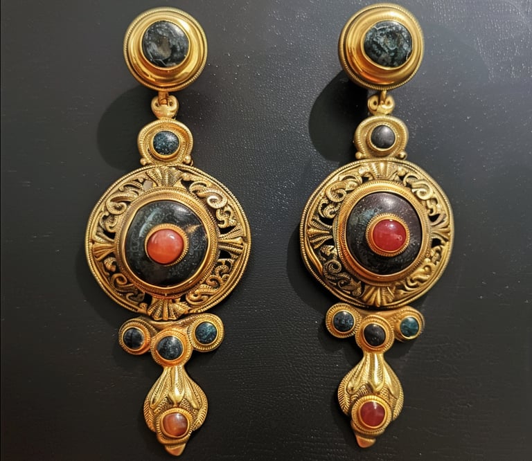 Etruscan Revival dangling earrings with red cabochons