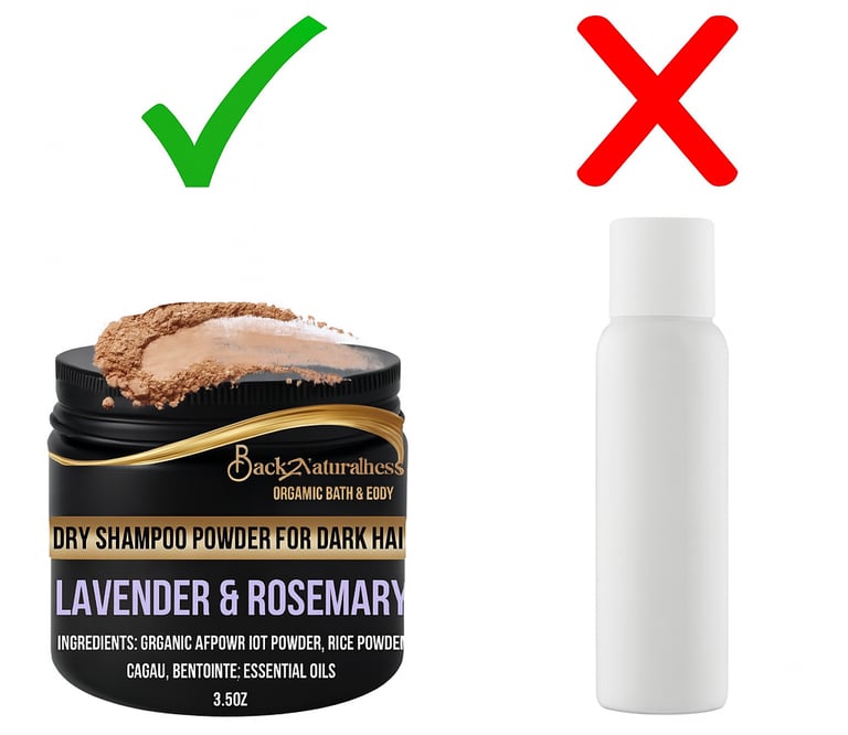 An image showing back2naturalness dry shampoo powder versus aerosol spray dry shampoo powder 