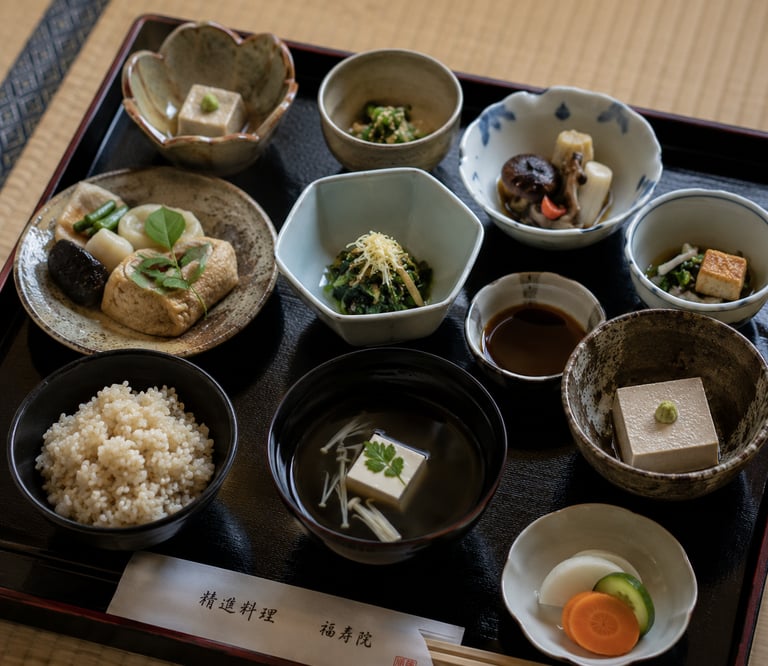 Traditional Japanese Shojin Ryori Buddhist vegan meal served on a black tray with rice, miso soup, and tofu.