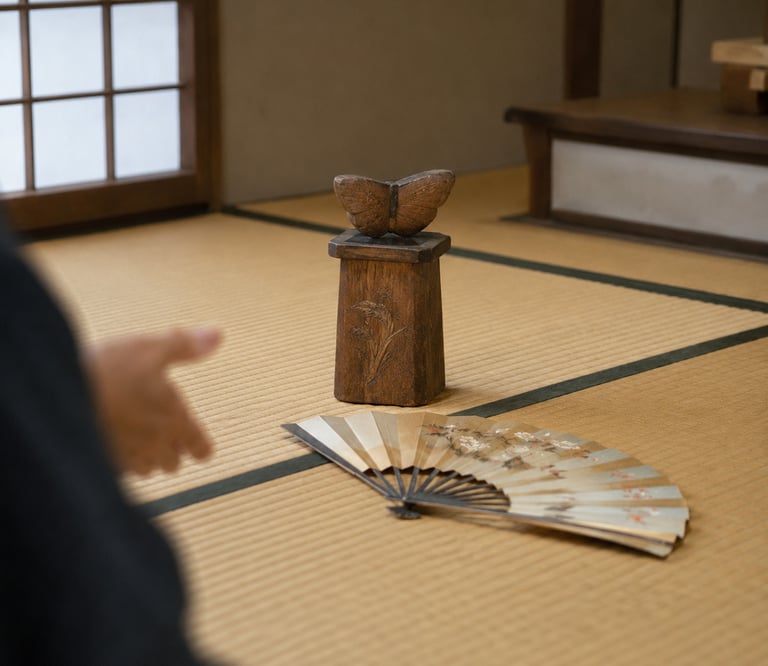 A wooden butterfly sculpture and folding fan on a traditional Japanese tatami mat floor.