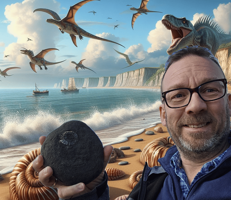 Professor Ryan Fox on the Jurassic coast shortly after stealing a fossil from a small child