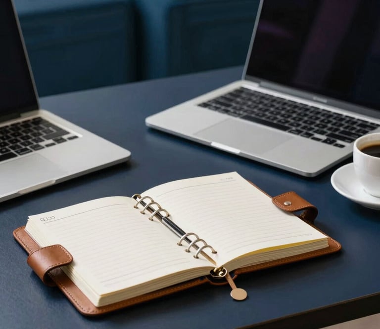 A high-end, clean North American home office desk with a sleek laptop, a structured leather planner, and a cup of coffee. The lighting is soft and professional, featuring a palette of dark navy and muted blue tones in the background.