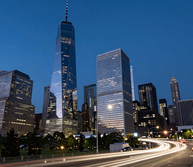 A twilight long-exposure photograph of a global financial hub's architecture, capturing the movement of light in a bustling North American metropolis, emphasizing a sense of international reach and constant motion, dominated by dark blue and near white tones.