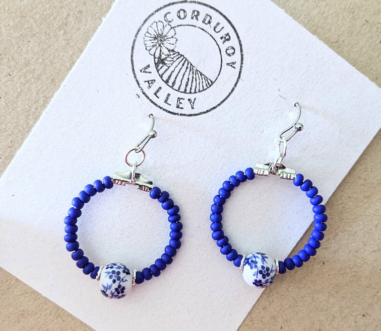 Charming Blue and White European Heritage Inspired Beaded Handmade Earrings
