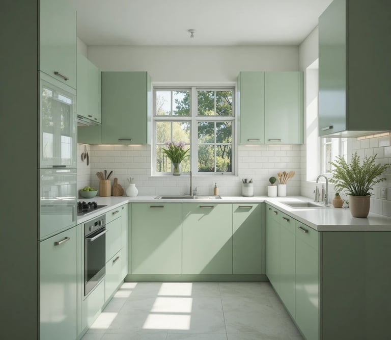 cocina pequeña en verde salvia con diseño moderno y luminoso