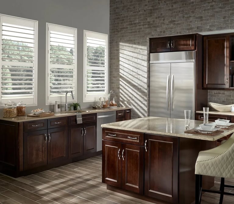 kitchen with dark wood cabinets and white plantation shutters – Rise Up Window Coverings Milwaukee